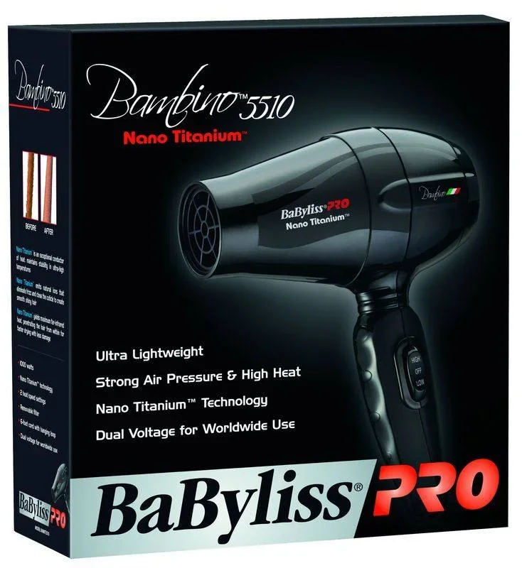 BABYLISS PRO HAIR DRYER NANO TITANIUM BAMBINO COMPACT DUAL VOLTAGE